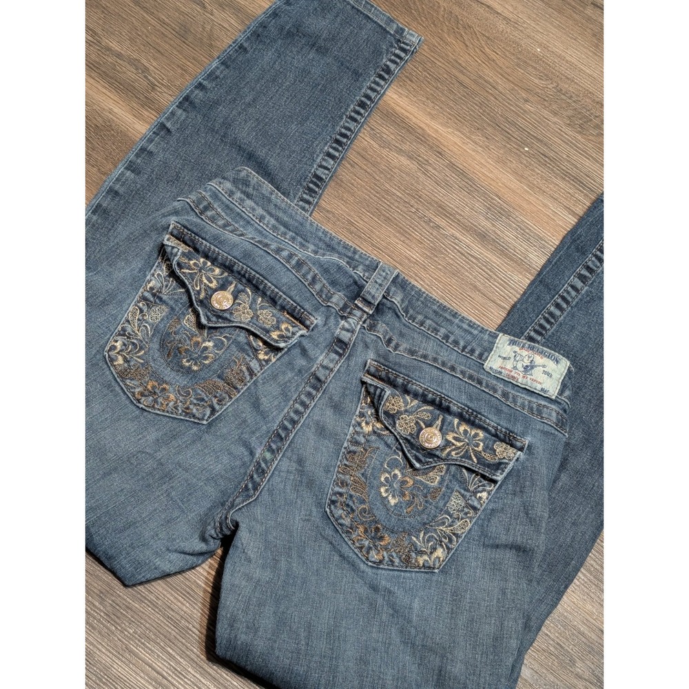 True Religion Skinny Jeans 31 Blue Floral Embroidered Flap Pocket WFLH599S